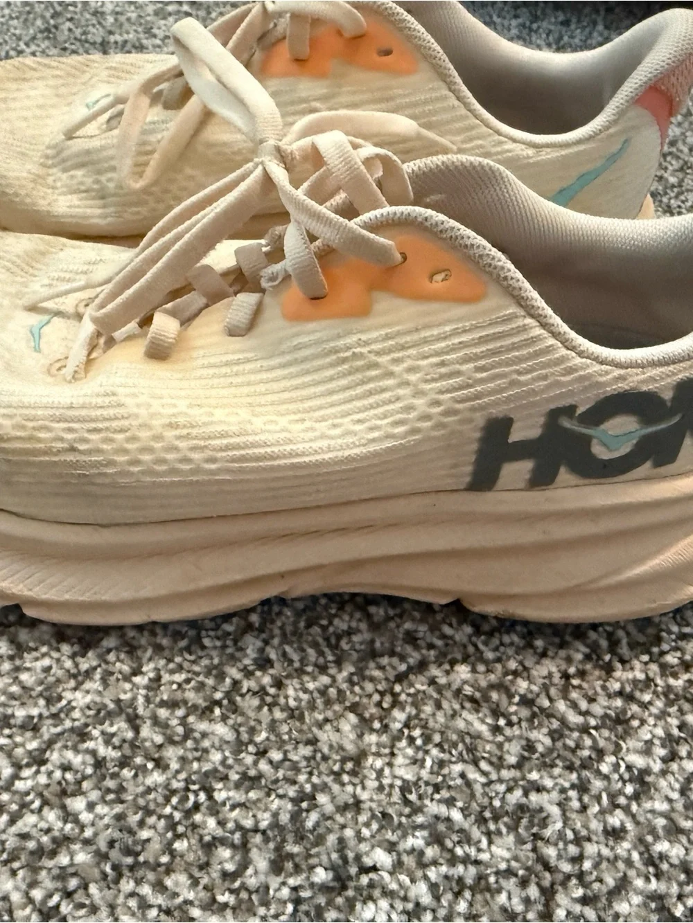 Hoka One One Kids Sneakers in Cream with Orange Accents